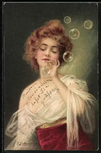 Künstler-AK Bezauberndes Fräulein macht Seifenblasen