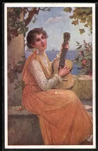 Künstler-AK Frau spielt eine Gitarre, Dir weih ich meine schönsten Lieder