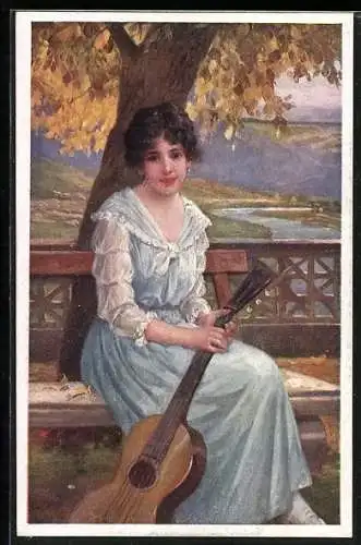 AK Frau in blauem Kleid sitzt mit einer Gitarre unter einem Baum