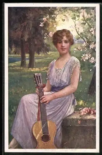 AK Frau mit Gitarre sitzt unter einem blühenden Baum
