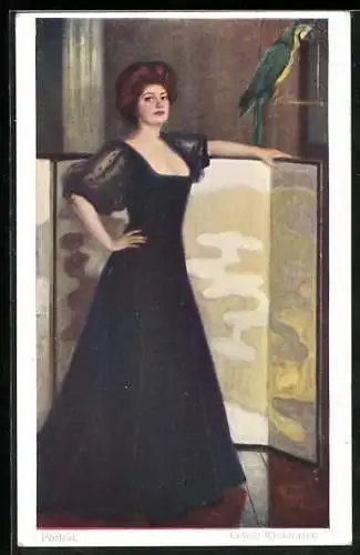 Künstler-AK sign. Ludwig Wieden: Dame in schwarzem Kleid mit Papagei
