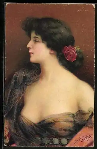 Künstler-AK Delphin Enjolras: Frau mit Rose und tiefem Dekolléte