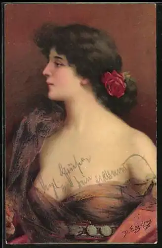 Künstler-AK Delphin Enjolras: Frau mit Rose und tiefem Dekolléte