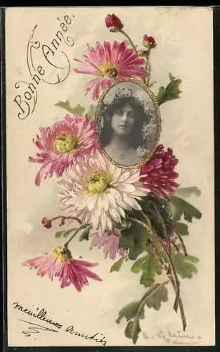 Foto-Collage-AK Porträt einer Frau mit Blumen, Bonne Année