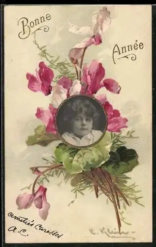 Foto-Collage-AK Porträt eines Kindes mit Blumen, Bonne Année