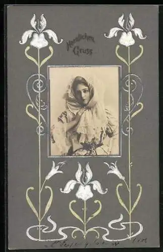Foto-Collage-AK Elegante Dame in tailliertem Kleid