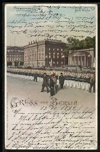 Lithographie Berlin, Universität und Neue Wache Unter den Linden, Spalier 1. Garde-Regiment, beleuchtete Fenster