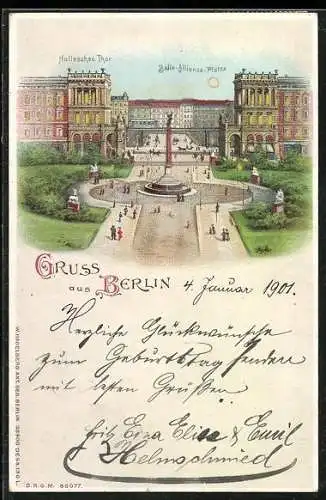 Lithographie Berlin, Hallesches Thor und Belle Alliance Platz, Halt gegen das Licht