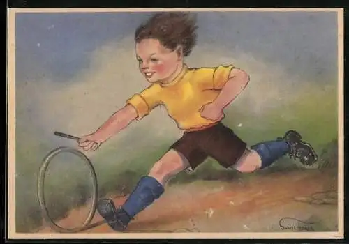 Künstler-AK Swildens: Junge spielt mit einem Reifen