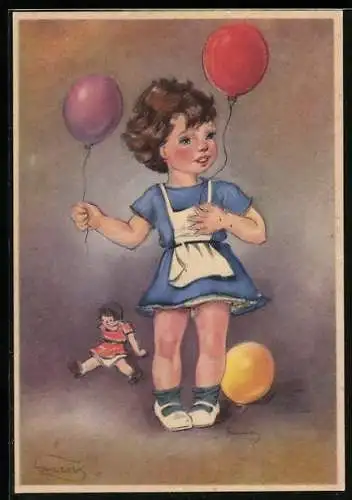 Künstler-AK Swildens: Mädchen mit Schürtze, Ballons und Puppe