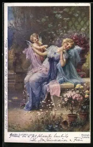 Künstler-AK Hans Zatzka: Amor betört die Dame im Park