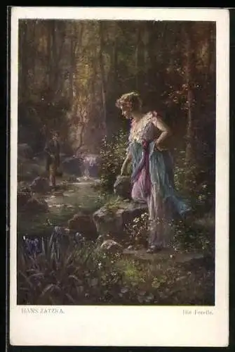 Künstler-AK Hans Zatzka: Frau und Angler an einem Bachlauf
