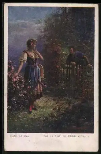 Künstler-AK Hans Zatzka: Sah ein Knab` ein Röslein steh`n, Begegnung am Zaun