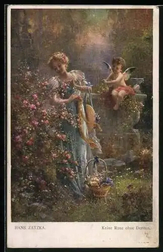 Künstler-AK Hans Zatzka: Keine Rose ohne Dornen, Frau und Amor