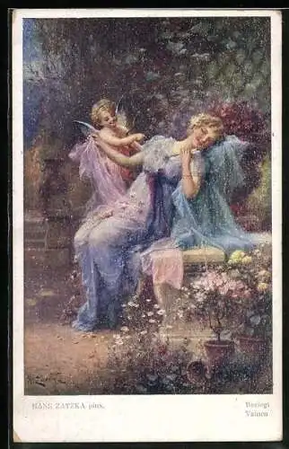 Künstler-AK Hans Zatzka: Amor betört die Dame im Park