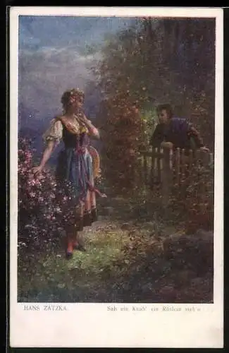 Künstler-AK Hans Zatzka: Sah ein Knab` ein Röslein steh`n, Begegnung am Zaun