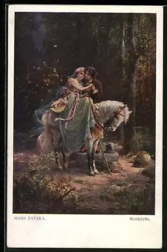 Künstler-AK Hans Zatzka: Waldidyll, Liebespaar mit Pferd