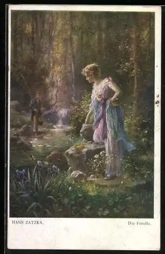 Künstler-AK Hans Zatzka: Die Forelle. Junge Dame beobachtet Forelle im Bachlauf