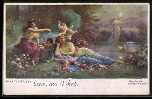 Künstler-AK Hans Zatzka: Abendzauber, Nymphen und Engelchen an einem See