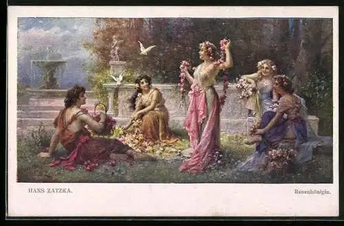 Künstler-AK Hans Zatzka: Rosenkönigin, Antike Szene, Mädchen mit Blumen