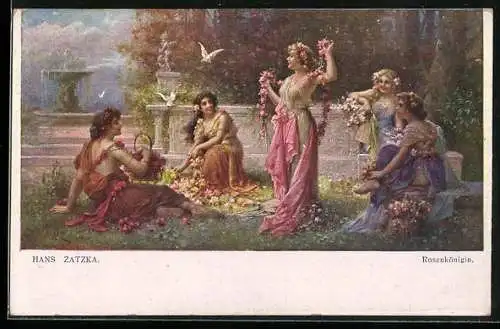 Künstler-AK Hans Zatzka: Rosenkönigin, Antike Szene, Mädchen mit Blumen