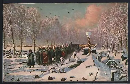 AK Napoleon auf dem Rückzug, Vom Schlachtfeld abziehende Soldaten im Winter