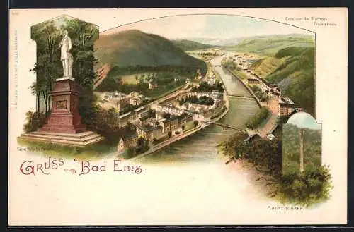 Lithographie Bad Ems, Teilansicht von der Bismarck-Promenade, Kaiser Wilhelm Denkmal, Malbergbahn