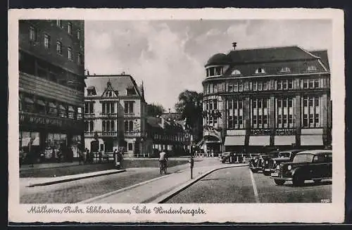 AK Mülheim / Ruhr, Schlossstrasse Ecke Hindenburgstrasse, Radfahrer