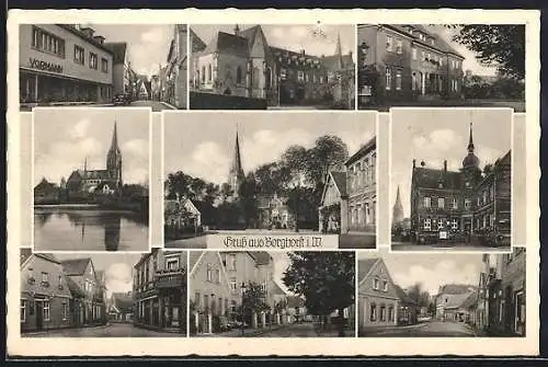 AK Borghorst i. W., Kirche, Ladengeschäft Vormann, Strassenpartie mit Wohnhäusern