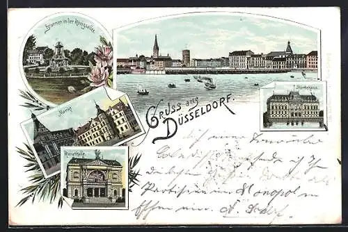 Lithographie Düsseldorf, Ortsansicht, Markt, Kunsthalle, Ständehaus