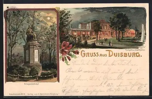 Lithographie Duisburg, Tonhalle u. Stadttheater, Kriegerdenkmal