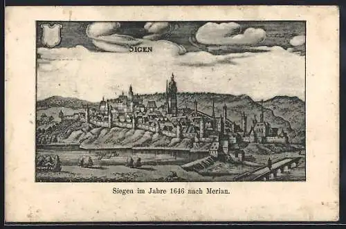AK Siegen, Totalansicht im Jahre 1646 nach dem historischen Verlagshaus Merian