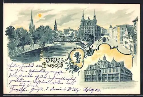 Lithographie Barmen, Strassenpartie mit Strassenbahn, Neue Concordia