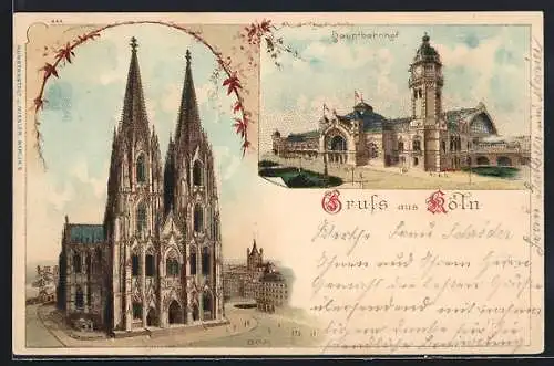 Lithographie Köln a. Rhein, Passanten vor dem Dom, der Hauptbahnhof