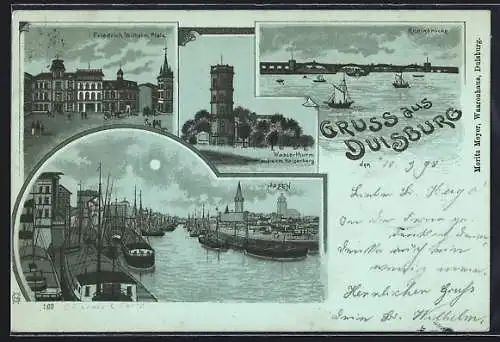 Lithographie Duisburg, Friedrich Wilhelm-Platz, Hafen, Rheinbrücke