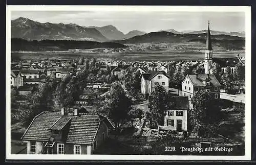 AK Penzberg, Ortsansicht mit Kirche gegen das Gebirge