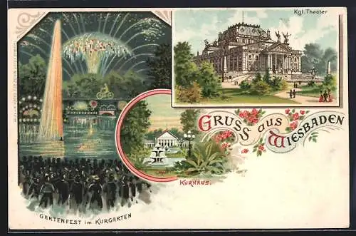 Lithographie Wiesbaden, Gartenfest im Kurgarten, Kgl. Theater