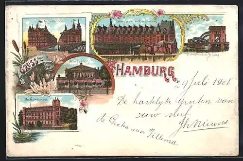 Lithographie Hamburg, Kaffeespeicher mit Sanddthorquay, Eisenbahn-Elb-Brücke, Alters-Pavillon, Kehrwiederfleet