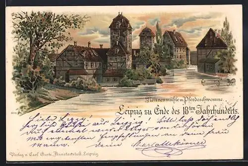 Lithographie Leipzig, Nonnenmühle m. Pferdeschwemme