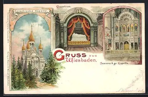 Lithographie Wiesbaden, Griechische Kapelle und Mausoleum