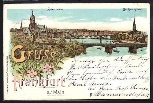 Lithographie Frankfurt, Mainansicht, Sachsenhausen