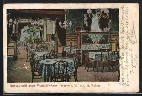 AK Herne i. W., Restaurant zum Franziskaner, Inh. H. Rolofs, Innenansicht vom Speisesaal