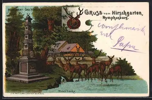 Lithographie Nymphenburg, Hirschgarten mit Hirsch-Tränke und Hochwild, Monument Das Hirsch-Alter