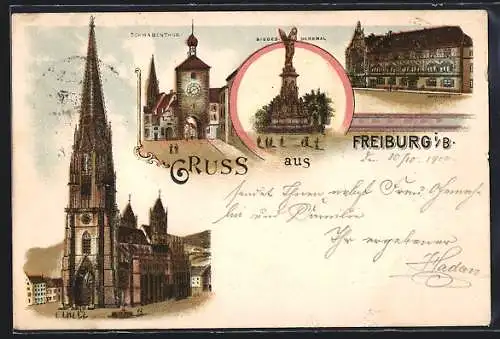 Lithographie Freiburg i. B., Münster, Schwabentor, Siegesdenkmal, Rathaus