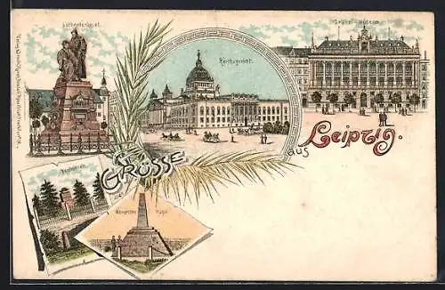 Lithographie Leipzig, Reichsgericht, Lutherdenkmal, Grassi-Museum
