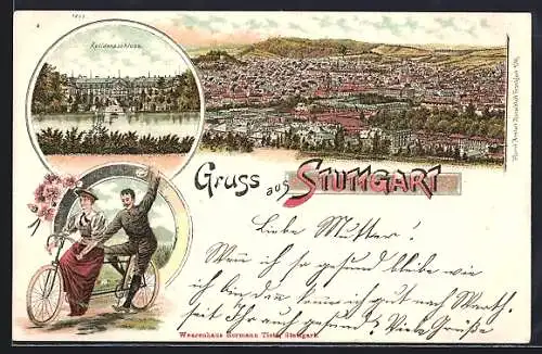 Lithographie Stuttgart, Residenzschloss und Totalansicht, Mann und Frau auf Tandemfahrrad