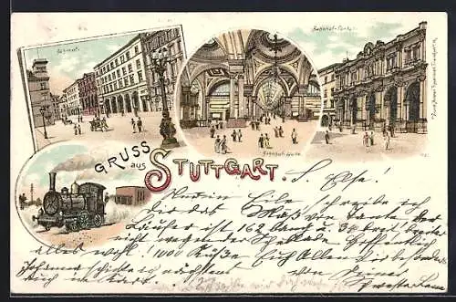 Lithographie Stuttgart, Bahnhof, Bahnhofshalle und Bahnhofsportal, abfahrende Lokomotive