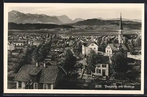 AK Penzberg, Ortsansicht aus der Vogelschau gegen das Gebirge
