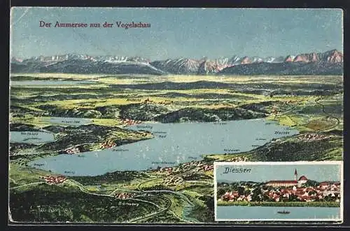 Künstler-AK Eugen Felle: Diessen, Ammersee aus der Vogelschau