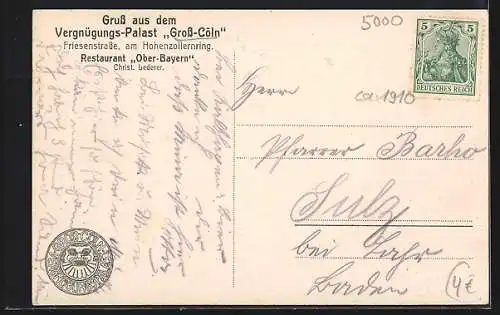 AK Köln, Vergnügungs-Palast Gross-Cöln, Friesenstrasse, Restaurant Ober-Bayern, Innenansicht